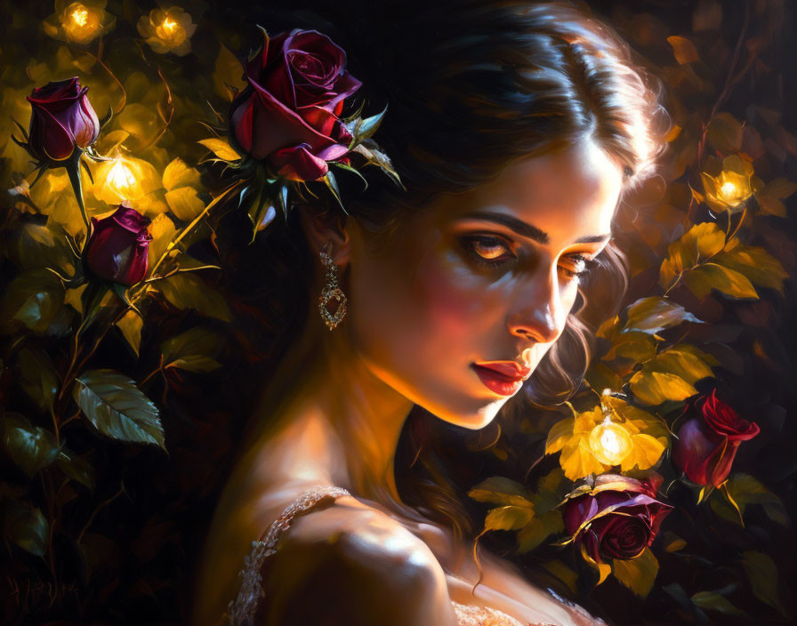 Woman with elegant gaze amid luminescent roses in romantic setting