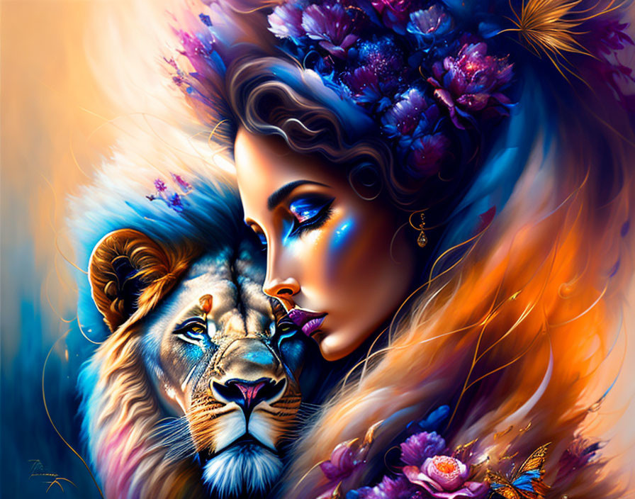 Illustration of woman with blue flowers and lion in vibrant brush strokes