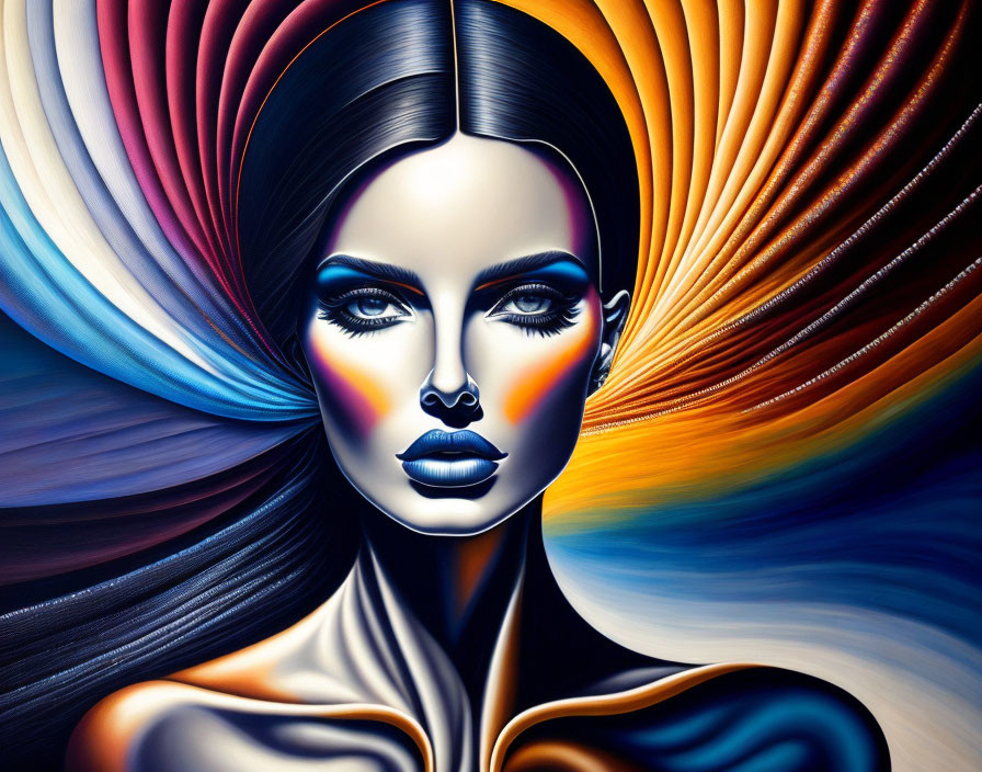 Colorful digital art of a woman with stylized hair and makeup in a surreal style