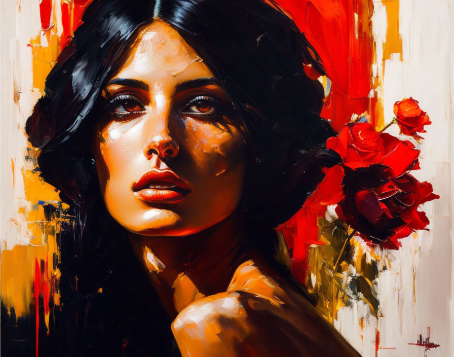 Intense woman portrait with dark hair and red roses in bold style