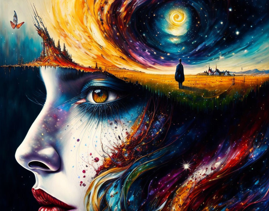 Surreal painting of woman's face merging with cosmic scene