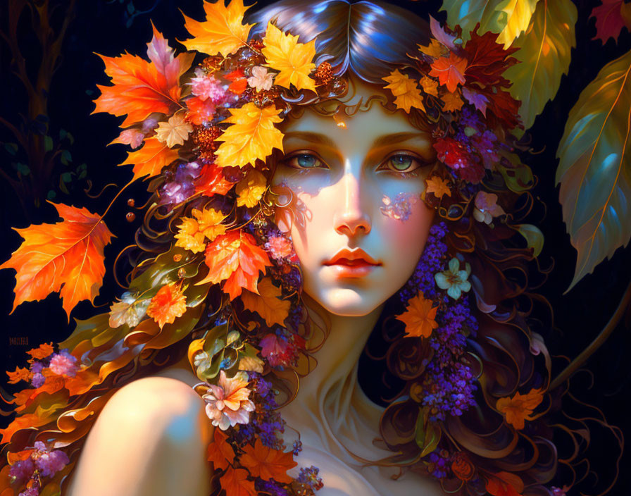 Digital artwork: Woman adorned with autumn leaves and flowers, emitting mystical autumn ambiance