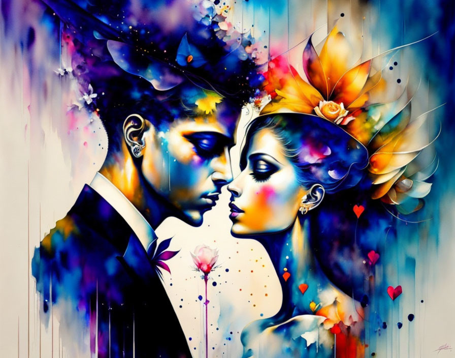 Vibrant painting of a man and woman in profile with floral motifs