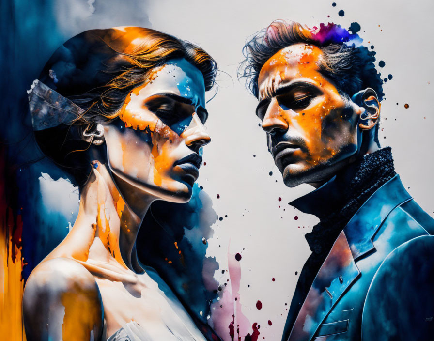 Vibrant painting of man and woman with abstract splatters merging realistic faces