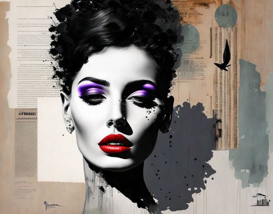 Monochrome portrait of a woman with purple eyeshadow and red lips