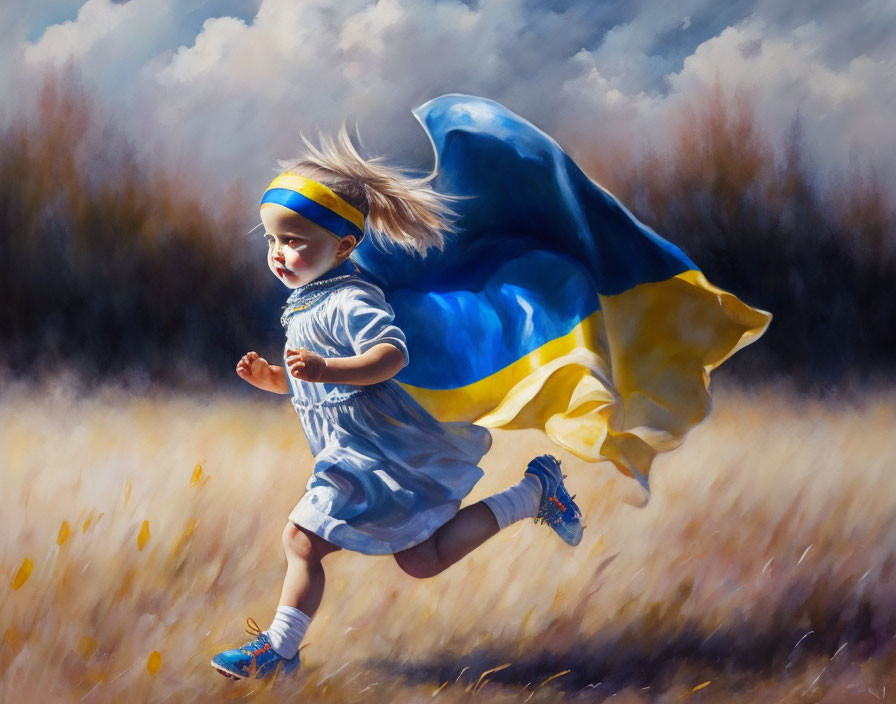 Child in dress and headband runs with flag in field