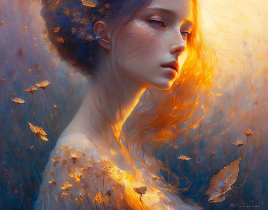 Ethereal portrait of woman with flowing orange hair and golden leaves