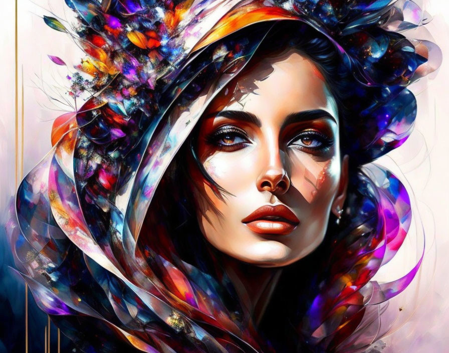 Vivid multicolored brushstrokes create woman's portrait.