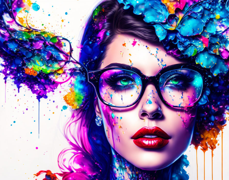 Colorful Paint Splashes Surround Woman in Vibrant Portrait