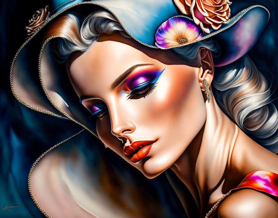 Colorful digital artwork: woman with vibrant makeup and floral hair décor.