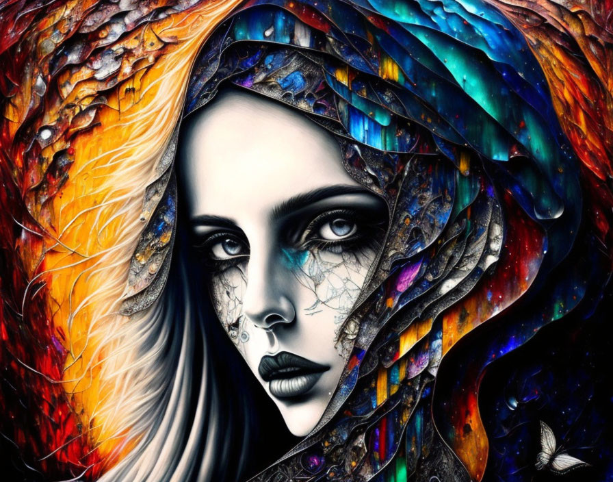 Colorful woman's face with dark makeup and iridescent feather wings.