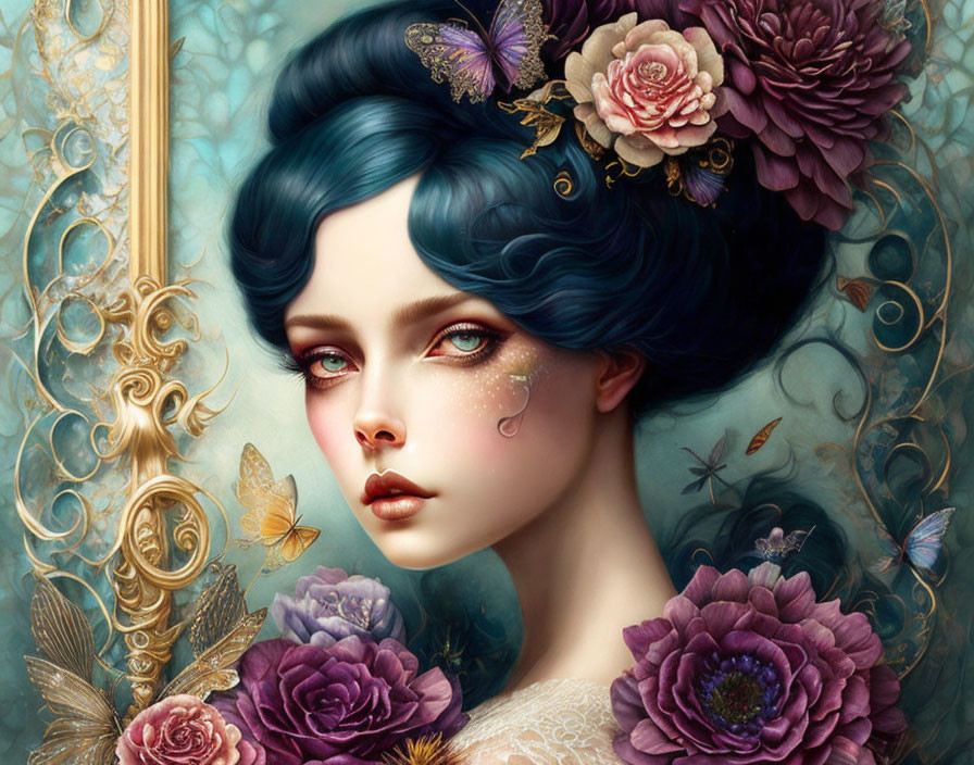 Woman with Dark Hair, Flowers, Butterflies, Vintage Mirror, and Golden Details