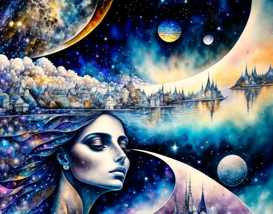 Fantasy artwork: Woman's face with cosmic hair, surreal cityscape, celestial bodies, vibrant star