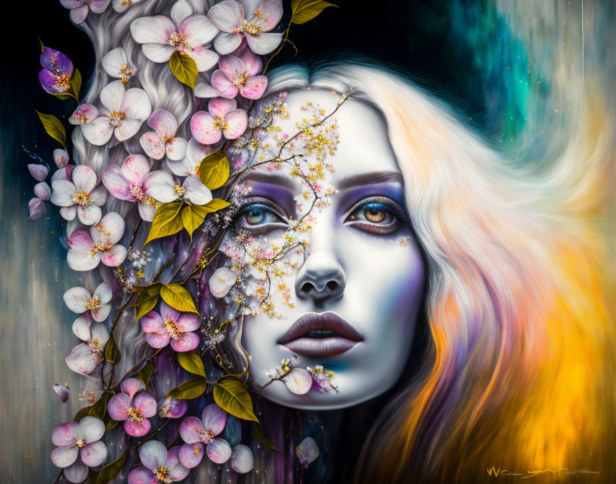 Surreal portrait of a woman with flowers and branches in cosmic setting