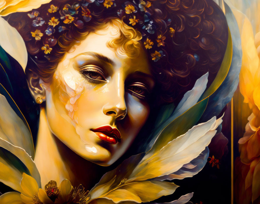 Woman with Flowers in Hair Surrounded by Golden Petals: Serene Yet Melancholic Portrait