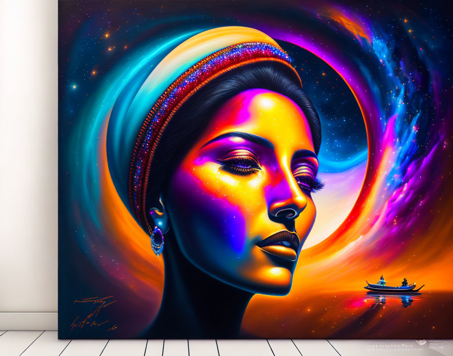 Colorful painting of woman with cosmic makeup, galaxy backdrop & floating boat