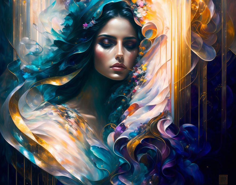 Surreal portrait of woman merging with floral and abstract elements