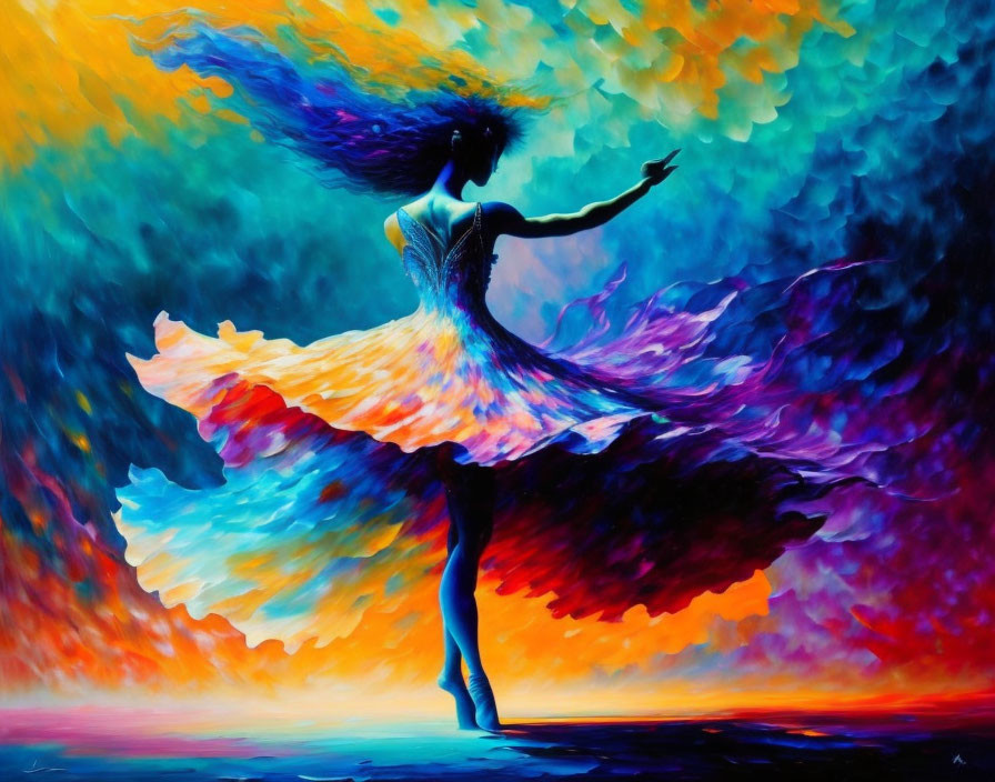 Colorful painting of a dancer in flowing dress and hair amidst swirling blue, orange, and purple hues