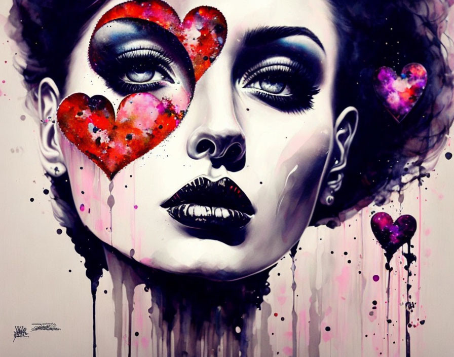 Colorful portrait of a woman with heart shapes and vibrant paint splashes