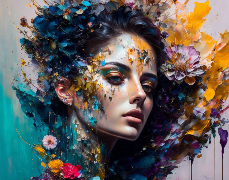 Colorful Flower Explosion Surrounding Woman's Head