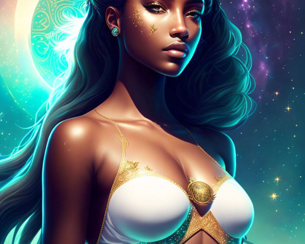 Illustrated fantasy woman with gold ornaments and cosmic backdrop