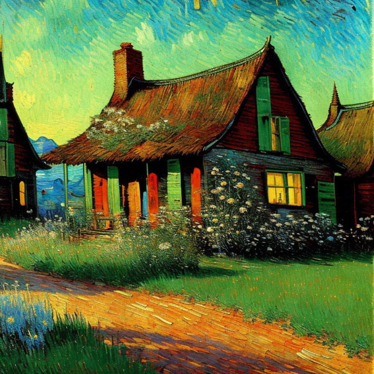 Colorful painting of rustic house with thatched roof in Van Gogh style