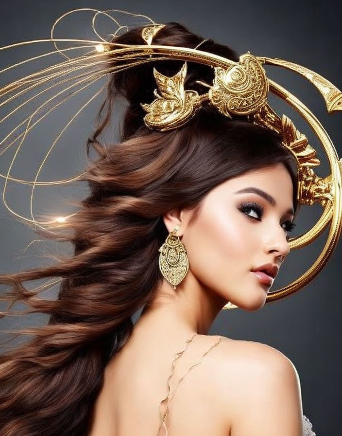 Elaborate golden headpiece and earrings on woman with flowing hair