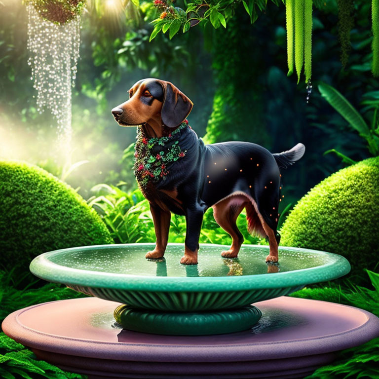 Small Dog with Glowing Necklace on Bird Bath in Lush Greenery