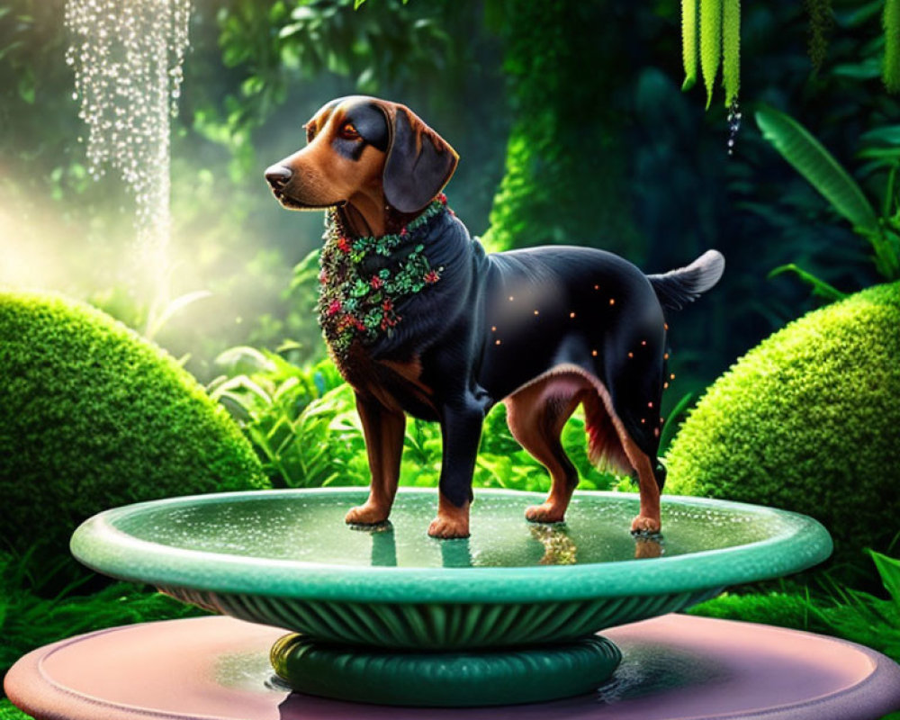 Small Dog with Glowing Necklace on Bird Bath in Lush Greenery