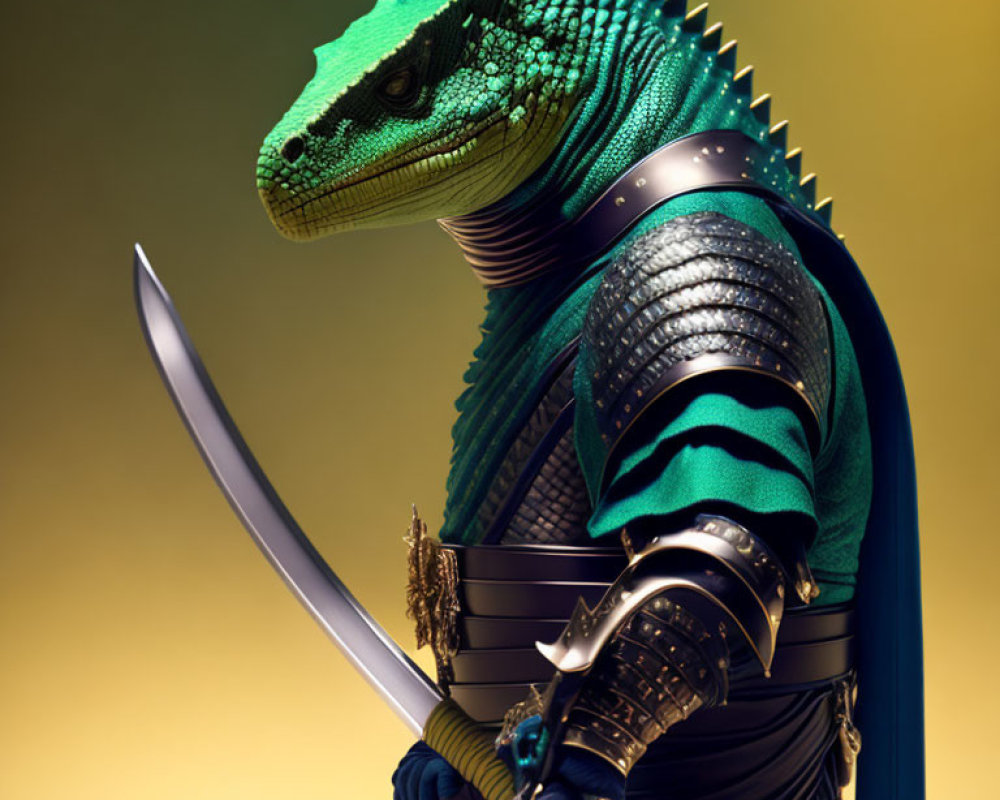 Anthropomorphic lizard warrior in armor with sword and focused expression