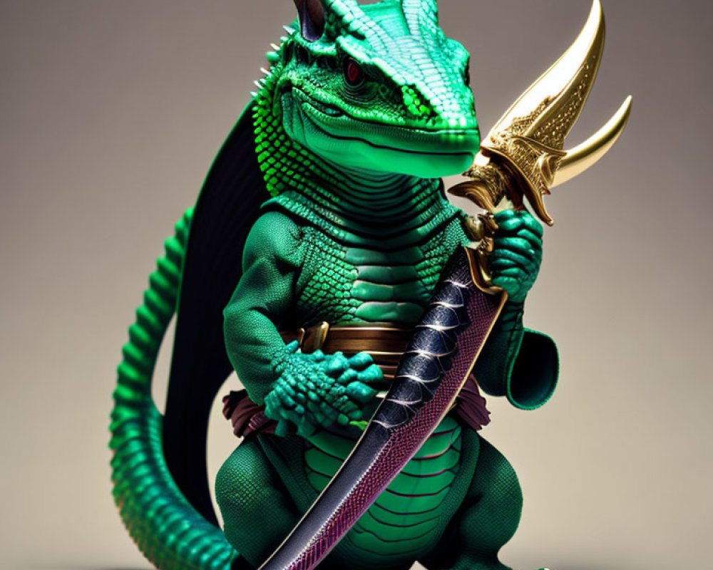 Anthropomorphic alligator with golden sword in fierce stance