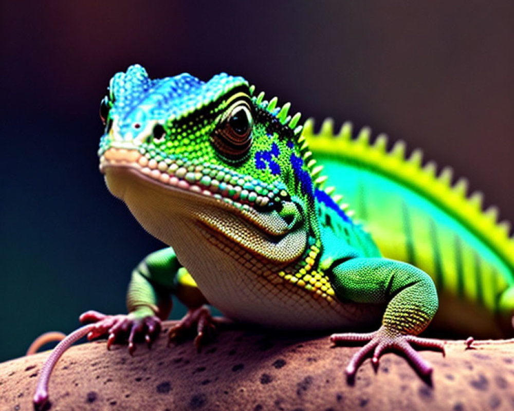 Detailed Green Lizard with Blue Head Markings on Brown Surface