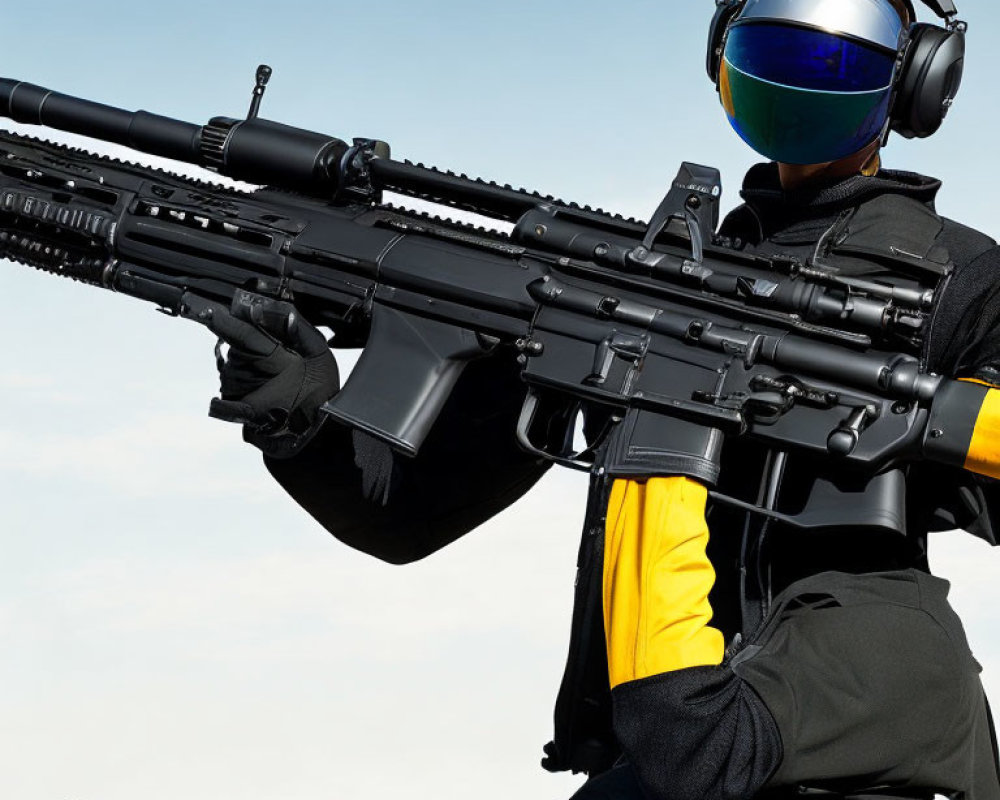 Figure in Black and Yellow Gear with Reflective Helmet Holding Large Firearm