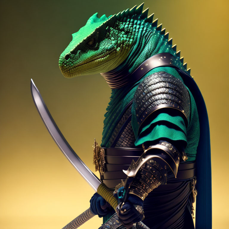 Anthropomorphic lizard warrior in armor with sword and focused expression