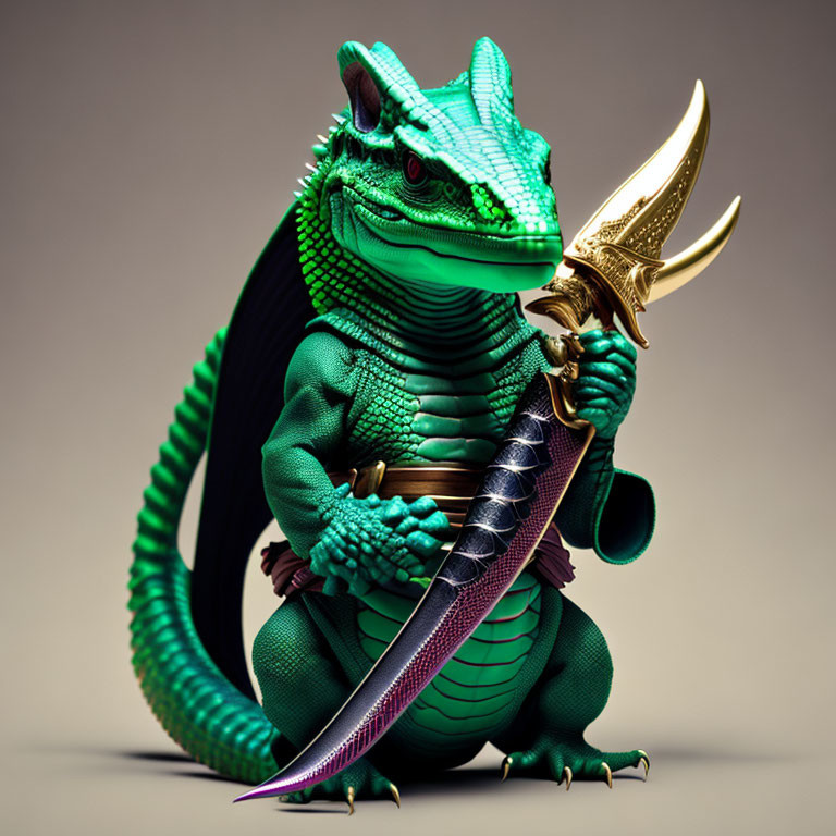 Anthropomorphic alligator with golden sword in fierce stance