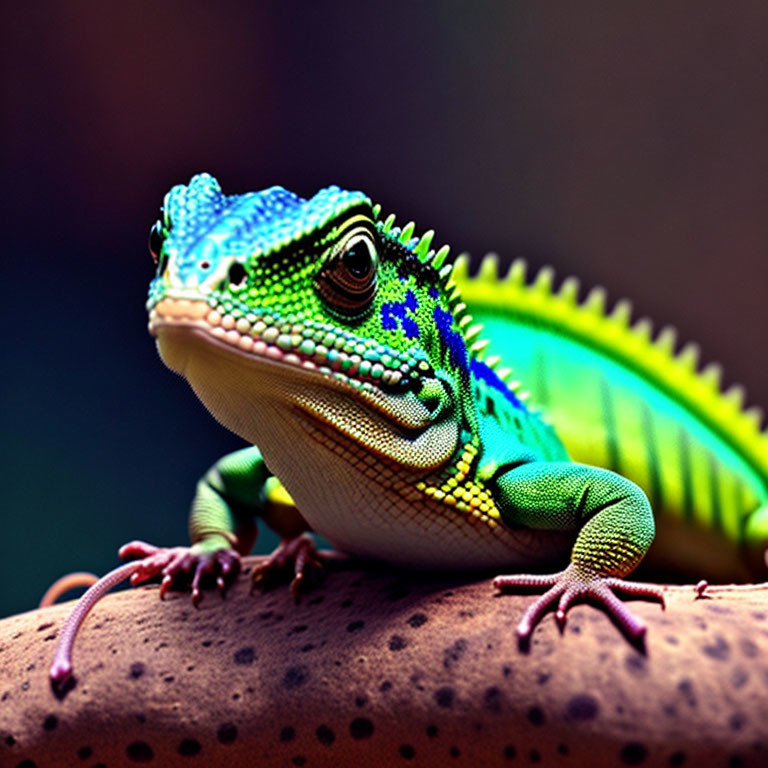 Detailed Green Lizard with Blue Head Markings on Brown Surface