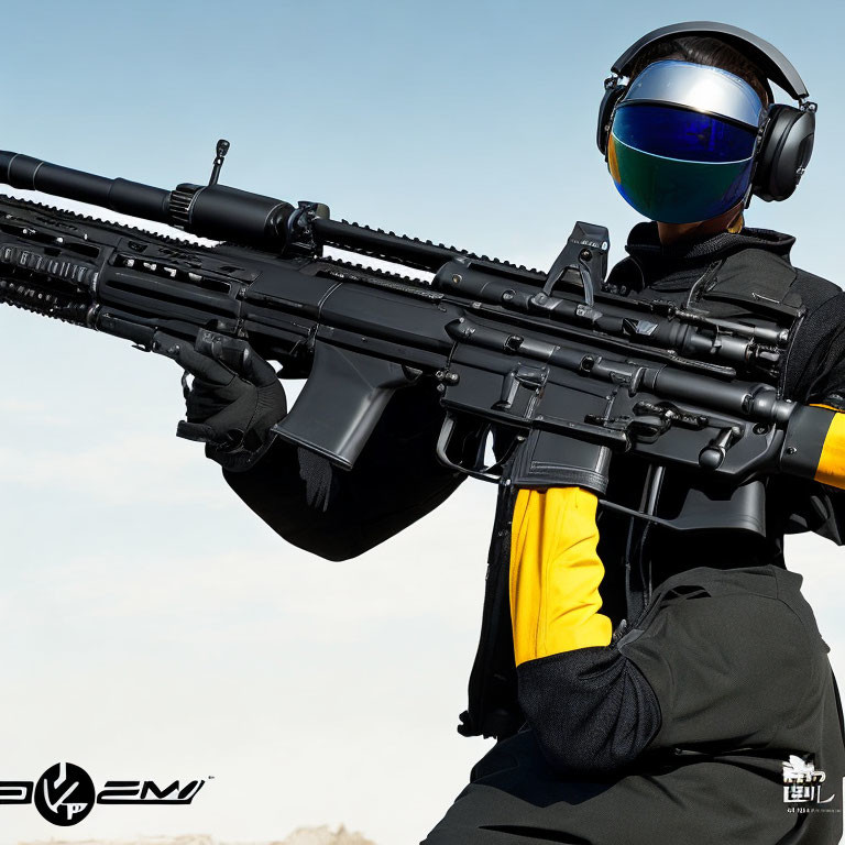 Figure in Black and Yellow Gear with Reflective Helmet Holding Large Firearm