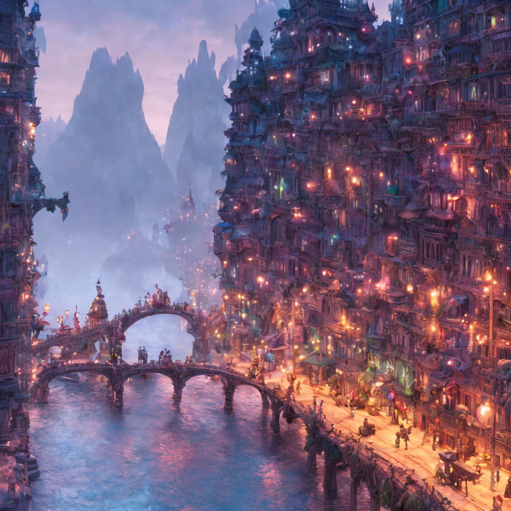 Fantasy cityscape at twilight with illuminated buildings and stone bridge