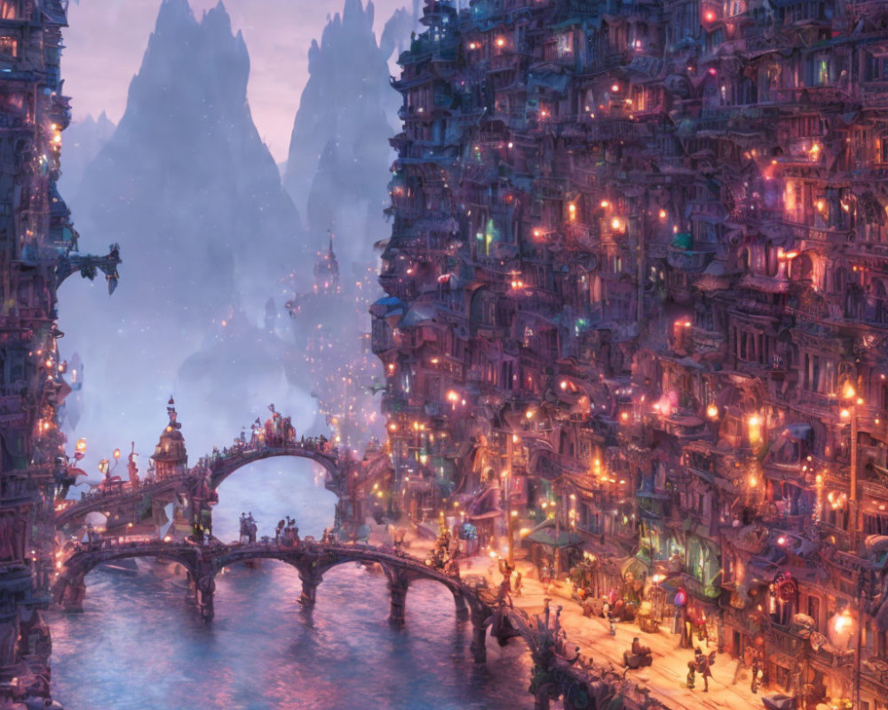 Fantasy cityscape at twilight with illuminated buildings and stone bridge