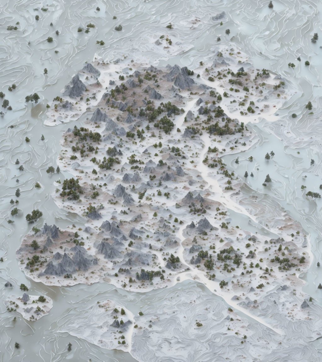 Snowy mountain landscape with sparse vegetation and ice floes in aerial view