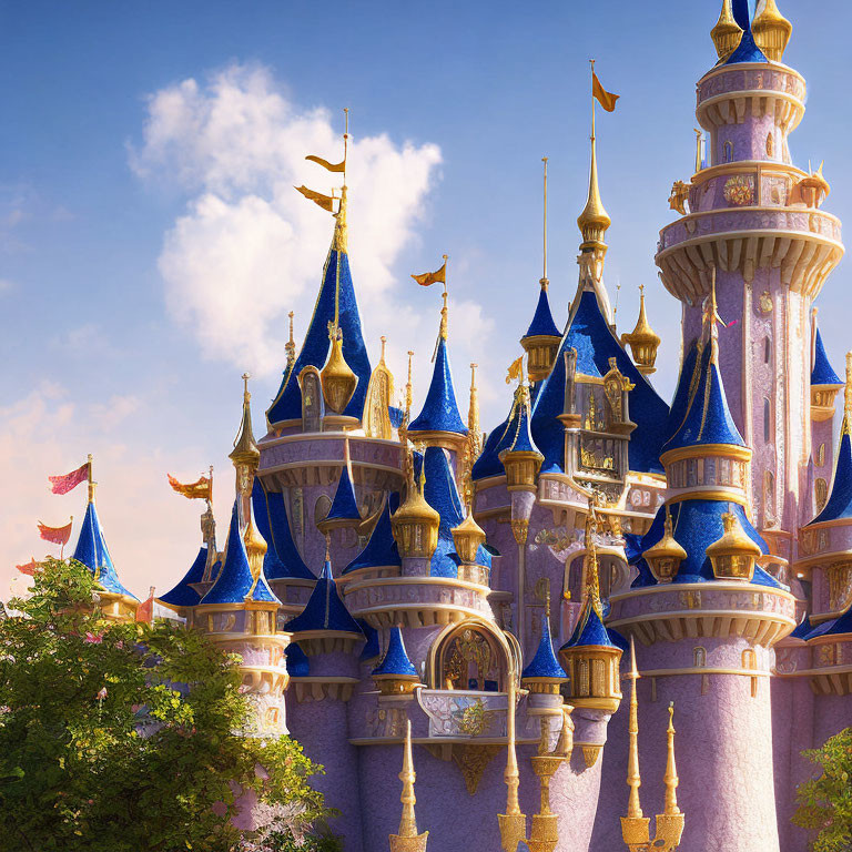 Majestic fairy-tale castle with tall spires and blue rooftops