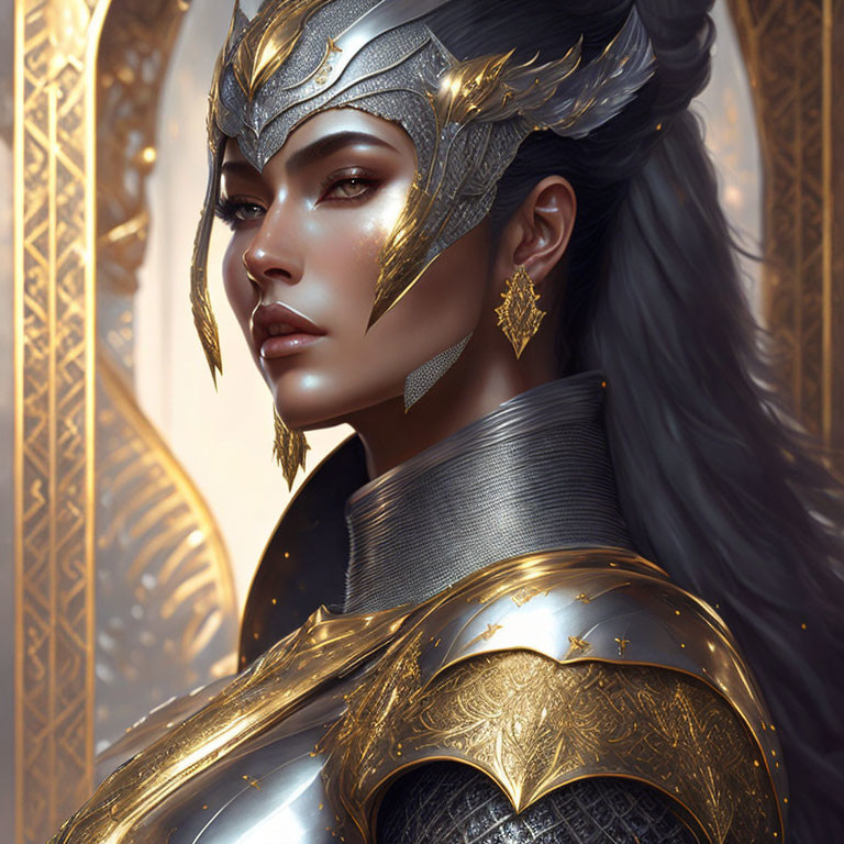 Detailed female warrior illustration with golden armor, feathered helm, intense gaze, dark hair, and golden