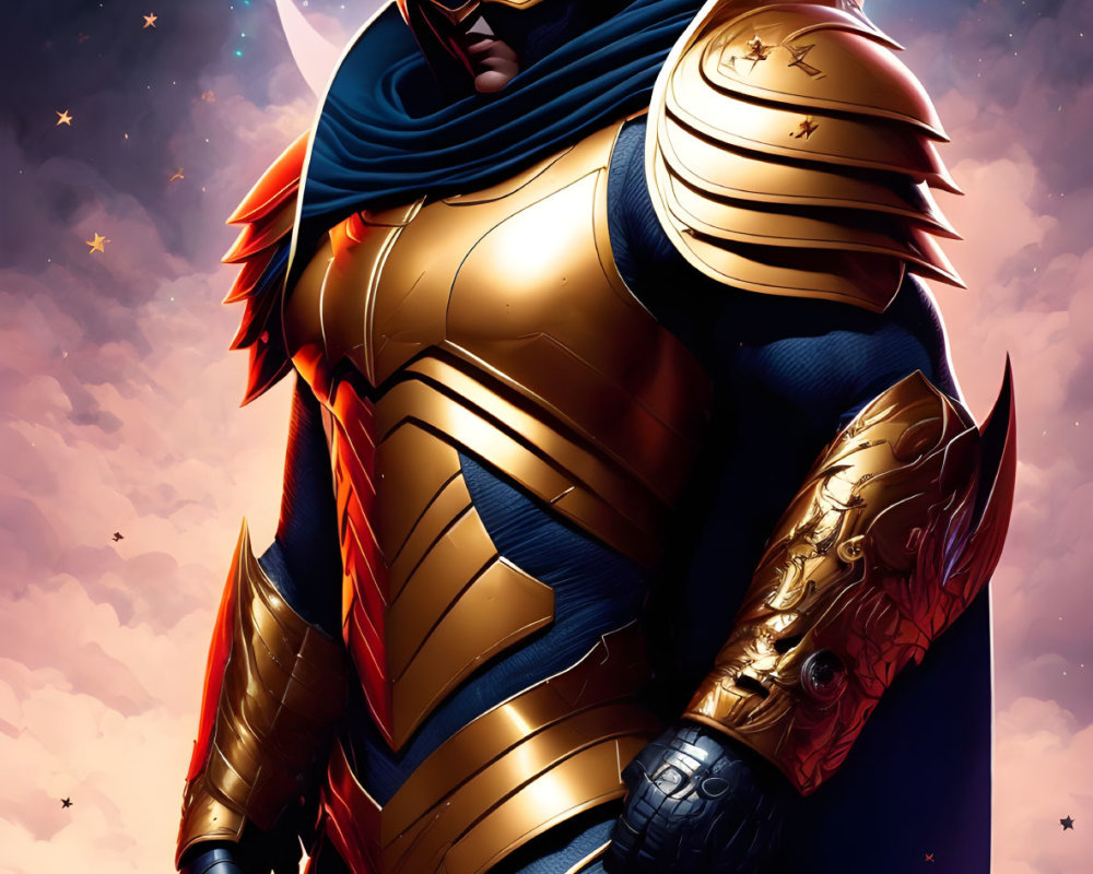 Futuristic knight in golden armor with visor helmet against cosmic backdrop