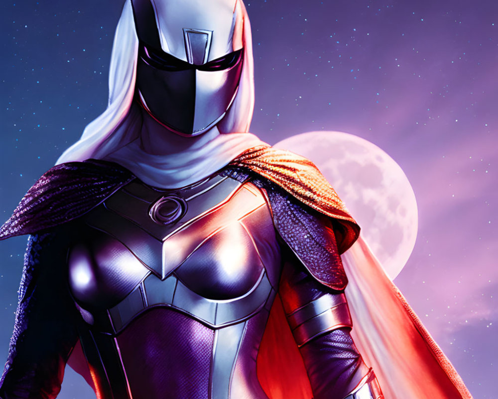 Heroic figure in silver armor with white cape under starry sky and large moon.