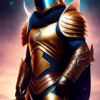 Futuristic knight in golden armor with visor helmet against cosmic backdrop