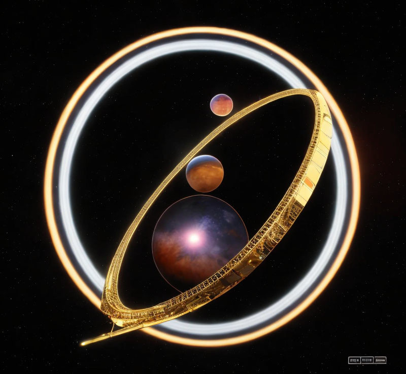 Surreal cosmic digital artwork with golden loop structure and glowing blue orb