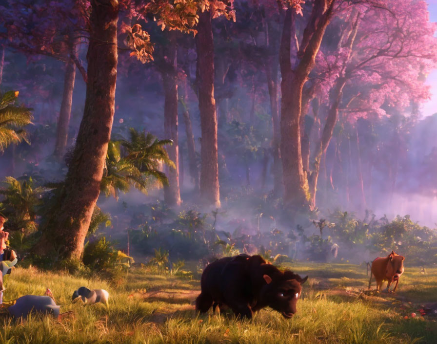 Colorful Trees and Animals in Sunlit Forest Glade