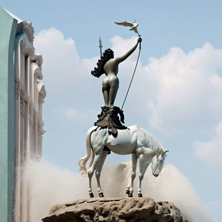 Warrior woman statue on rearing horse with spear and bird in cloudy sky