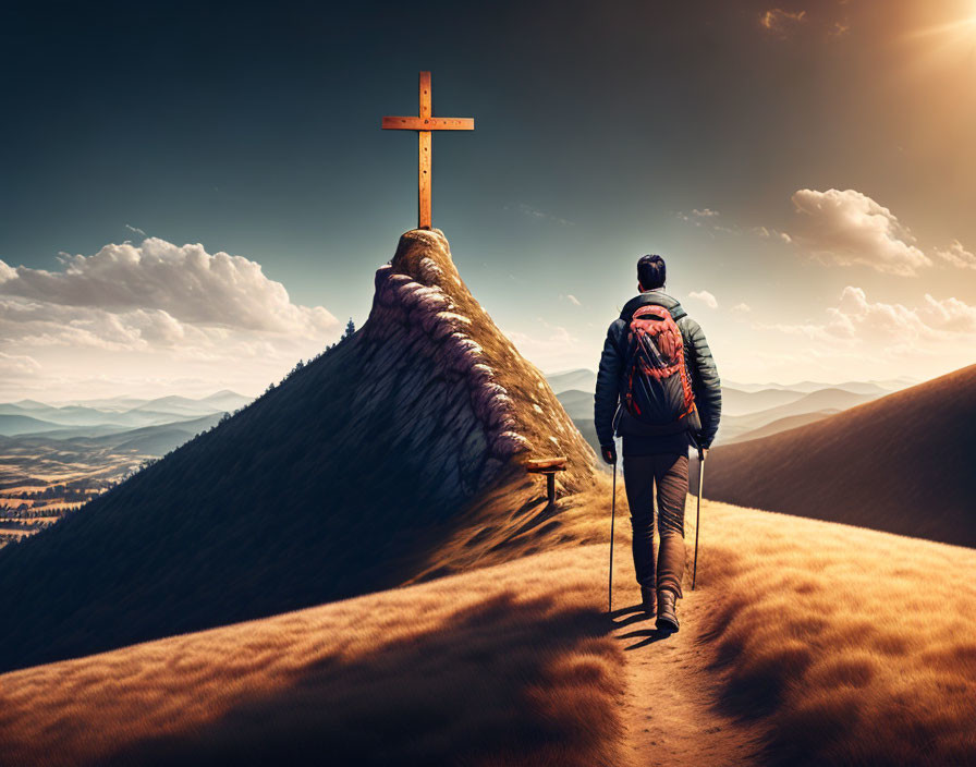 Hiker with backpack at sunset on mountain peak overlooking valley