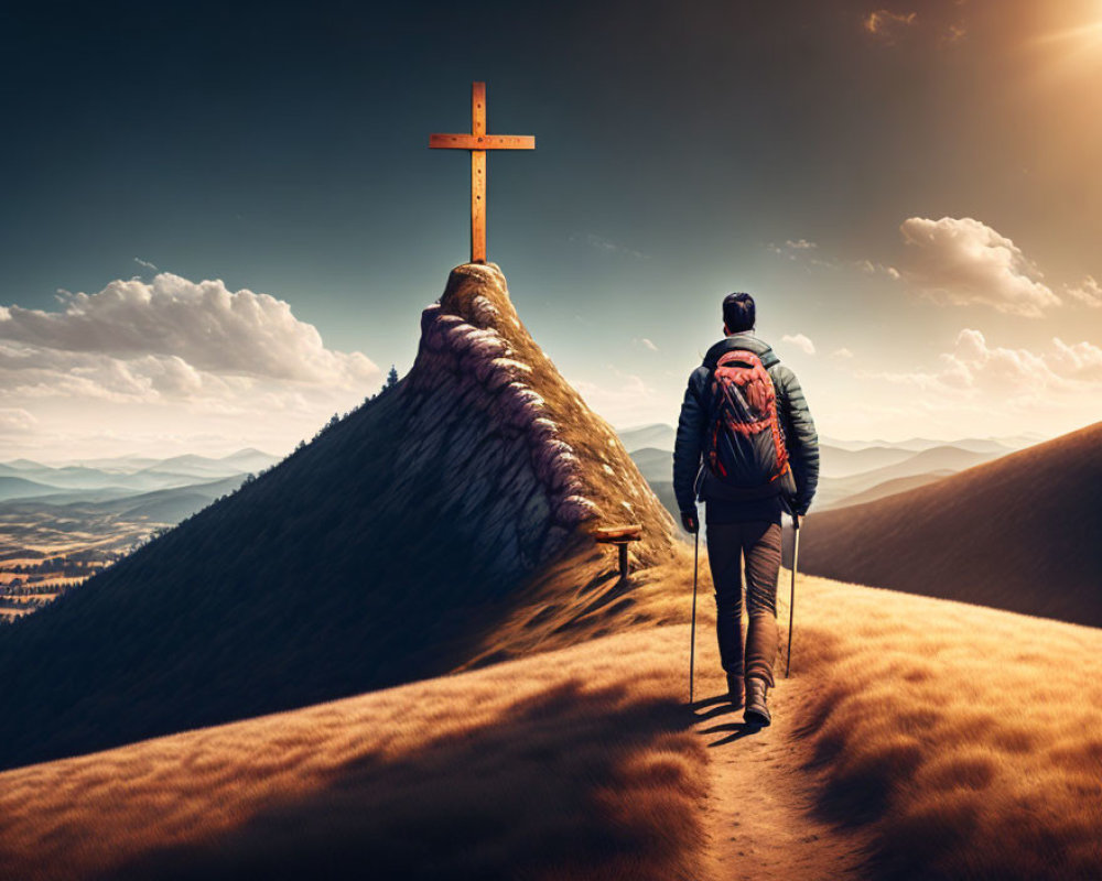 Hiker with backpack at sunset on mountain peak overlooking valley